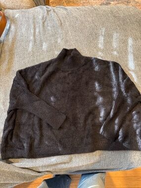 Patrizia Luca Milano Fuzzy Mock Neck Sweater Black Plush Cropped Pullover Size M